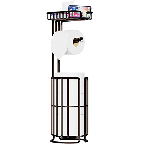 Toilet Paper Holder Stand, Free Standing Toilet Paper Holder with Shelf, Toilet Tissue Holder for Bathroom, Toilet Paper Stand with Storage and Dispenser for 3 Spare Rolls