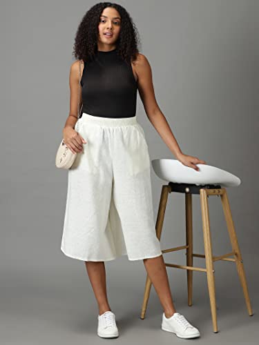 Image of SHOWOFFFF Women Solid Culottes Trousers | Linen Trouser for Womens | Mid-Rise Regular Fit Three-Fourth Length Trousers for Women's