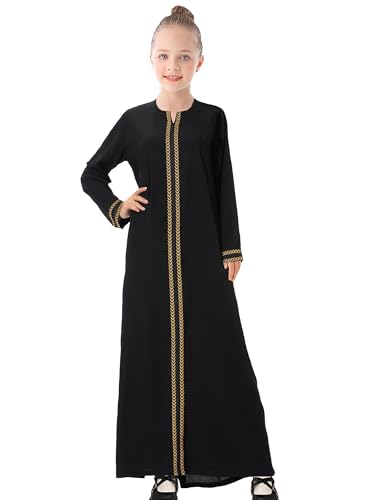 WSPLYSPJY Kids Girls Gold Embroidered Muslim Dress Abaya Long Sleeve Eid Robe Prayer Clothes2