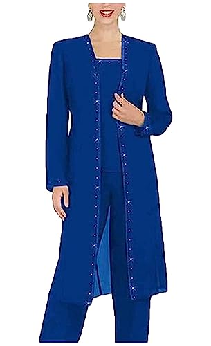 Mother of The Bride Pants Suits 3 PC Chiffon Beaded Women Outfits with Long Jacket Wedding Party Prom Dress3