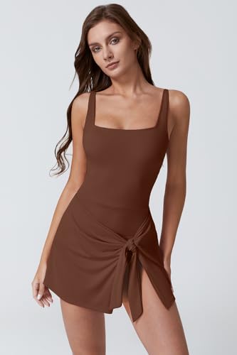 Image of QINSEN Square Neck Swim Dress for Women Tummy Control One Piece Swimsuit Wrap Bathing Suit