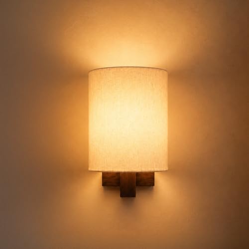 Image of Amazon Basics Deewar Sunrise Wall Lamp | Mango Wood Wall Bracket with Polyester Shade | E14 Holder | Decorative Wall Light for Bedroom, Living Room, Hallway & Home Decor