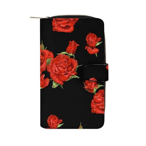 Portefeuille en cuir noir motif rose rouge : l'élégance compacte au quotidien