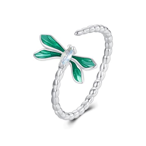 Dtja Green Dragonfly 925 Sterling Silver Ring for Women Adjustable Expandable CZ Promise Wedding Statement Butterfly Beaded Open Wrap Finger Rings Comfort Fit Fashion Birthday Holiday Jewelry