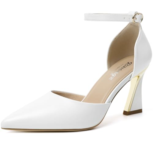Image of RIBONGZ Comfortable Kitten Heels for Women Pointed Closed Toe Ankle Strap Buckle Heels Slip on Low Heel Church Pumps Wedding Bridal Party Dressy Shoes