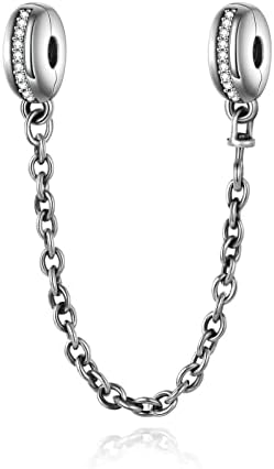 EXRANQO Clasp Safety Chain Charms For Bracelet 925 Sterling Silver Clip Stopper Charm Spacer Inlaid With Cubic Zirconia Compatible With Charms Bracelet Gifts For Women