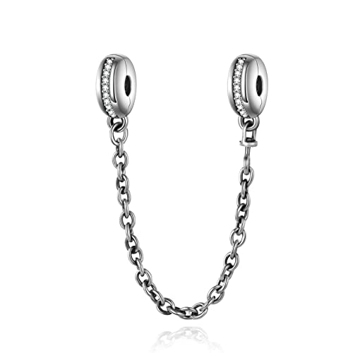 Exranqo Clasp Safety Chain Charms For Bracelet 925 Sterling Silver Clip Stopper Charm Spacer Inlaid With Cubic Zirconia Compatible With Charms Bracelet Gifts For Women #TOP15