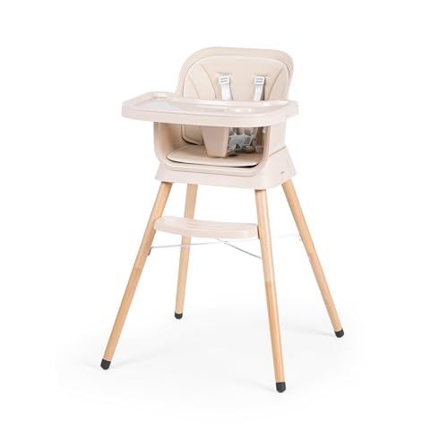 Image of Growgether ORBIT 4-in-1 Baby High Chair with Solid Beechwood Legs | TUV SUD Certified Convertible Wooden Feeding Chair, Booster Seat & Toddler Stool (6-36M) | 5-Point Safety Harness, Dual-Layer PP Tray & Removable PU Cushion | 1 Year Warranty | Beige