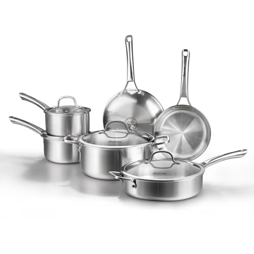 Stainless Steel Cookware Set,Tir-Ply Pots and Pans Set,10 Pcs Stainless Steel Induction Kitchen Cookware Sets,PFOA Free, Frying Pans,Saucepans,Saute Pan & Stock Pot,Compatible with All Cooktops