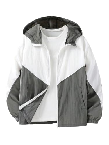 Floerns Boy's Zip Up Hooded Jackets Color Block Long Sleeve Windbreaker Jacket with Pocket