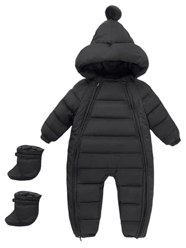 Maeau Combinaison Pilote Bébé 12-18 Mois à Capuche - Barboteuse de Neige Doudoune Garçon Fille Manteau Automne Hiver Snowsuit Noir avec Chaussures