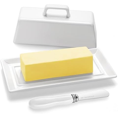 Yedio Porcelain Butter Dish with Lid and Knife for Countertop Refrigerator，White Ceramic Covered Butter Holder with Handle for East West Coast Butter Stick, Dishwasher Safe Cover