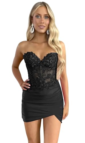Strapless Satin Homecoming Dresses for Teens 2025 Sequin Tight Lace Bodycon Short Cocktail Prom Dress with Slit