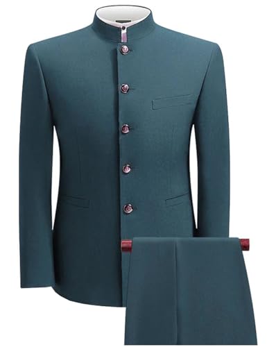 Wangyue Men's Chinese Tunic Suit Stand Collar Slim Fit 2 Piece Suits Front Button Blazer Pant Set