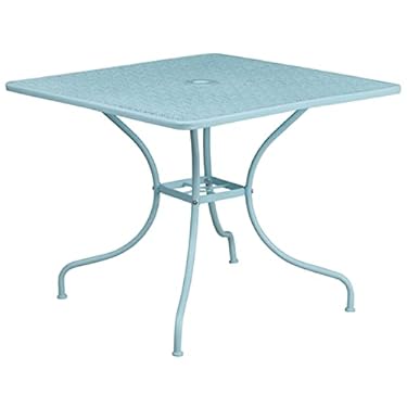 AMAZON - Flash Furniture Oia Commercial Grade 35.5″ Square Sky Blue Indoor-Outdoor Steel Patio Table with Umbrella Hole