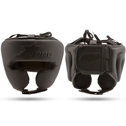 Starpro Protector de cabeza de boxeo, casco de combate de poliuretano negro mate para hombres y mujeres, ajuste ajustable, ligero, máxima protección contra impactos, artes marciales mixtas, Muay Thai