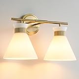 WOSHITU Gold Bathroom Light Fixtures: Modern Vanity Lighting Fixtures 2 Lights for Bathroom Mid Century Vanity Light Sconces Over Mirror with Frosted Milky Glass for Bath Bedroom Makeup
