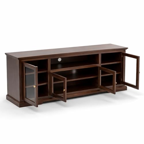 Image of Solid Sheesham Wood TV Unit for 55 Inch & Above | Handcrafted Entertainment Cabinet with Glass Door Storage | Rustic Finish | Pre-Assembled | 70x30x18 Inch | Living Room Furniture