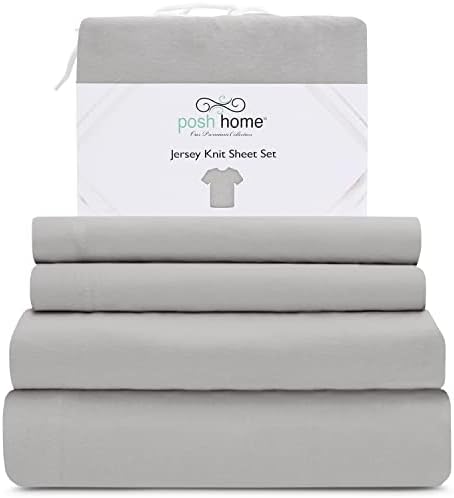 Posh Home Jersey Knit Sheet Set – 4-Piece Jersey Bed Sheets – T-Shirt Breathable & Soft Cotton Jersey Sheets - Includes Flat Sheet, Jersey Fitted Sheet, & 2 Pillowcases - Queen Sheets, Ashen Gray