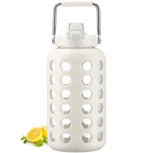MUKOKO 84 oz Glass Water Bottles,2.5 Liter Gallon Drinking Bottle with Handle,Large Glass Water Jug with Silicone Sleeve for Gym Sports,Time Marker,Wide Mouth,White