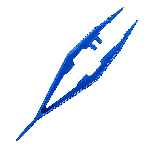 Vakly Plastic Forceps Tweezers Blue Disposable First Aid Pickup Grabbers with Finger Ridges, Serrated Tips and narrow points for Medical, Crafts, Lab and School Science Class (10)