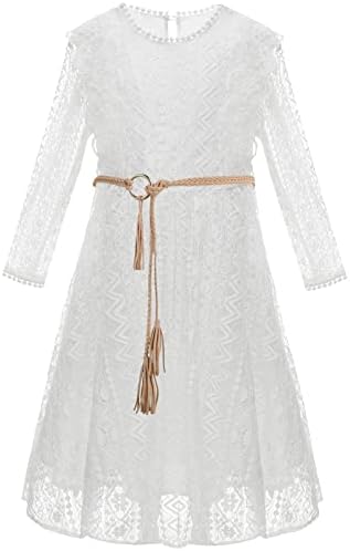 ALLOVIN Toddler Girl's Vintage Boho A-Line Lace Dress with Belt Kids Pom Pom Trim Birthday Party Dress LS-White,8-9Y