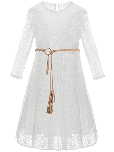 Allovin Toddler Girl's Vintage Boho A-Line Lace Dress With Belt Kids Pom Pom Trim Birthday Party Dress Ls-White,8-9Y #TOP22