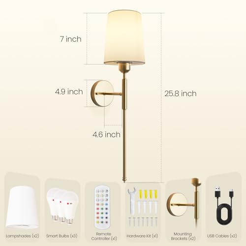Image of Battery Operated Wall Sconce Set of 2 - Rechargeable Wireless Wall Lights with Remote, 15 Colors Dimmable Gold Sconces for Bedroom, Living Room, Hallway Decor