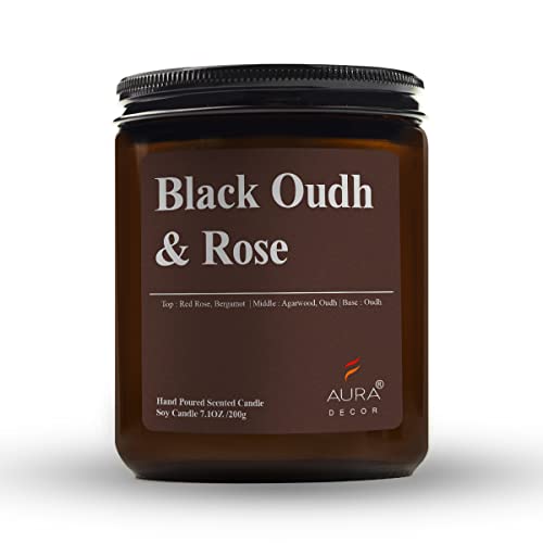 Image of AuraDecor Black Oudh & Rose Scented Jar Candle | Handpoured Soy Wax Candle with 50 Hour of Burn Time | Premium Amber Jar Aromatherapy Candle | Ideal Gift for Home & Decor