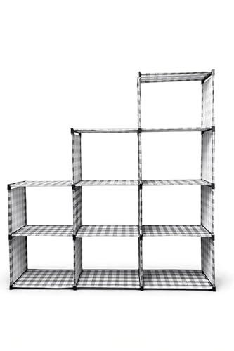 Image of Modular Storage Shelf, 9-Cube Organizer, Stepped Design, Black Frame with Grey Checkered Pattern, 138x130x30 cm (9-Cube Book Shelf)