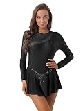 iEFiEL Damen Ballettkleid Langarm Mesh Eiskunstlauf Kleider mit Schleife Kristallen Gymnastik Leotard Turnanzug Schwarz/Rot/Blau/Weiss Wh Schwarz S