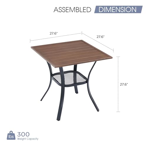 Image of VICLLAX Small Patio Dining Table for 2, Square Metal Slatted Tabletop with Storage Shelf for Front Porch Lawn Garden, Walnut Tabletop(No Umbrella Hole)