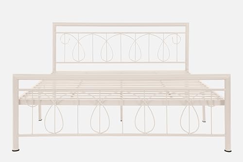 Image of Kovu Metal Queen Size Bed Without Storage | Wrought Iron Double Bed with Headboard & Footboard | Sturdy Powder Coated Platform Bed Queen Size Cot for BedroomLivingRoom Ivory (75x60)