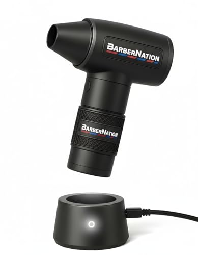 Cordless Air Duster for Barbers BarberNation TurboJet 3.0 FadeBlaster High Power Hair Blower Charging Stand 4 Speed Settings All Metal Professional Barber Tool (Black)