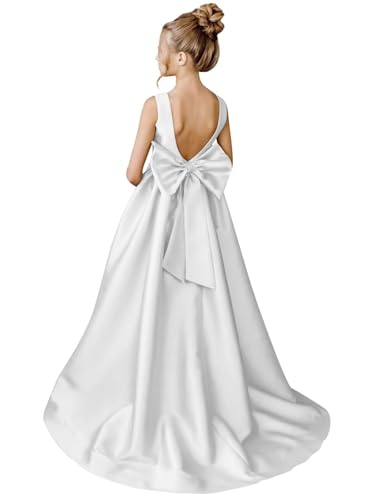 Satin Flower Girl Dresses for Wedding A Line Pageant Princess Ball Gowns with Bow Long A Line Girls Wedding Dress