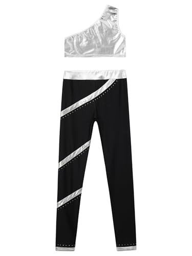 easyforever Kids Girls Sports Outfits Stripes Athletic Leggings+metallic Crop Top Vest With Dance Leotard Traacksuit Silver 6 Years3