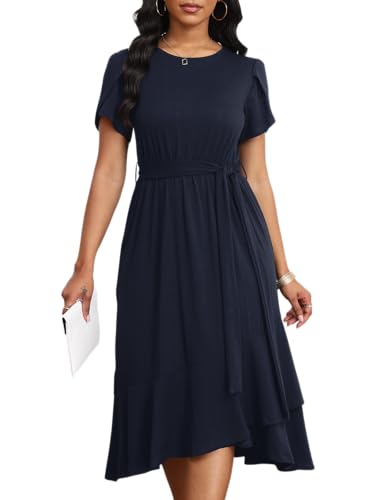 Image of PerZeal Women's Summer Dress Casual Ruffle Sleeve Crewneck A-Line Tiered Flowy Short Sleeve Long Dress with Belt