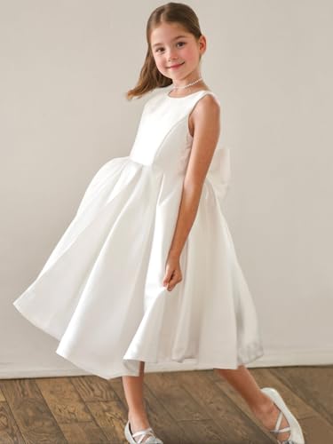 Summer Satin Flower Girl Dresses for Wedding Crewneck A Line Formal Party Midi Dress with Bow Knot2