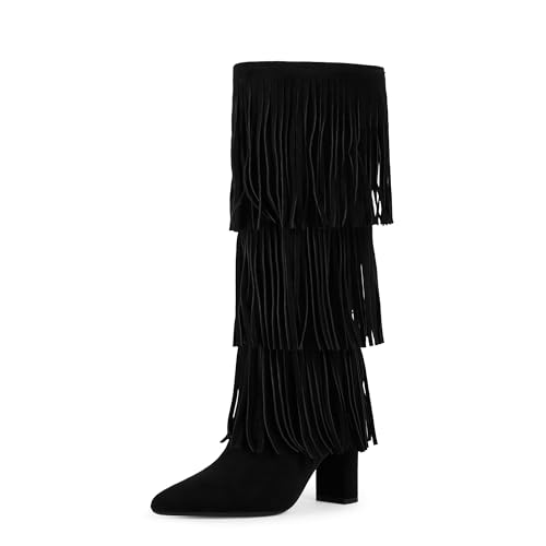 Image of Knee High Boots Women Fold Over Boots Chunky Heel Pointed Toe Tall Boots | Fashion Slouchy Boots,Side Zipper Shark Boots,Fall Spring Winter Fashion Dress Tall Boots,Evening Bridal office Long Boots