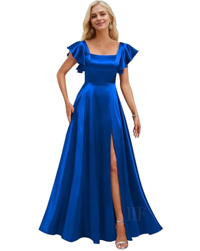 Image of IIF Short Sleeve Bridesmaid Dresses with Pockets Square Neck A-Line Satin Prom Gown Dress for Women with Slit IIF134