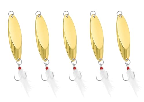 Fishing Spoons Fishing Lures Hard Metal Spinner Baits Reflective Casting Spoon Treble Hooks Jigs for Freshwater Saltwater，5 PCS with Box，Golden 3/8oz