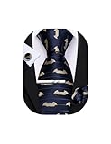 Barry.Wang Halloween Tie Men Bat Navy Blue Necktie with Tie Clip Silk Pocket Square Cufflinks Set Costume Party Cosplay Props