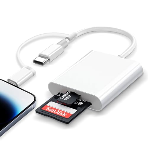 SD Card Reader for iPhone iPad, 2 in 1 SD Card to iPhone, Dual Connector(Lightening&USB-C) Dual Slots MicroSD/SD Memory Card Adapter Trail Camera Viewer for Devices with iOS/Android/Other System