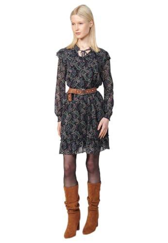 Koroshi Vestido Corto Manga Larga Cuello Mao Fruncido y Punto Smock en Hombro con Estampado Cashmere y Lurex Mujer, de Color Multicolor/Multi-Coloured, Talla XXL