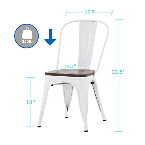 Nazhura Metal Dining Chair Farmhouse Tolix Style For Kitchen Dining Room Café Restaurant Bistro Patio, 18 Inch, Stackable, Waterproof Indoor/Outdoor (Sets Of 4) (White With Wood Padding) #TOP2