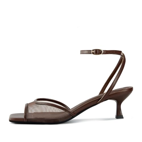Image of ISNOM Womens Mesh Kitten Heels Sandals Square Toe Ankle Buckle Strap Low Heels Comfort Summer Dress Shoes