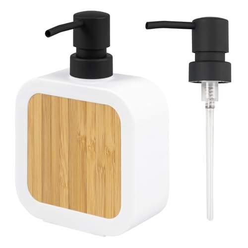 eluno nachfüllbarer Seifenspender mit Soft-Touch Oberfläche aus Kunststoff mit Bambus, für bis zu 300 ml Flüssigseife, Spülmittelspender, inkl. Ersatzpumpkopf & Eva Pads gegen Kratzer (Weiß)