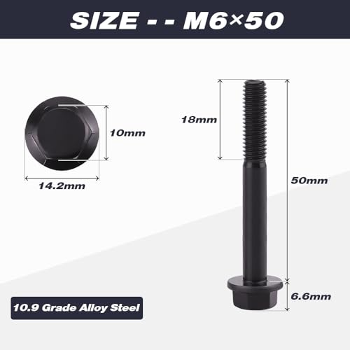 Image of M6-1.0 x 50mm (15 pcs) Flanged Hex Bolt Screws Black Oxide Finish, 10.9 Grade Alloy Steel, Large Flange Washer Head, DIN6921 /GB5789, Partial Thread