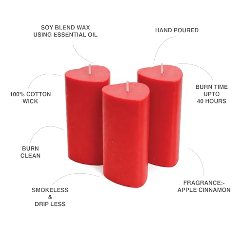 Image of HOSLEY 4.5 Inch High Apple Cinnamon Fragrance Pillar Candles| Aroma Candles for Decoration and Gifting| Heart Shape Scented Pillar Candles, Anniversary, Birthday, Pack of 3, Red