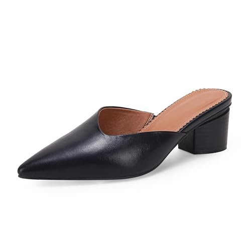 Coutgo Womens Pointed Toe V Cut Mules Chunky Block Heels Slip On Clogs Fashion Office Slides Shoes,Black,Size 8